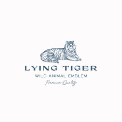 Lying Tiger Abstract Vector Sign, Symbol, Logo Template. Hand Drawn Wild Animal Sketch Silhouette with Modern Typography Isolated