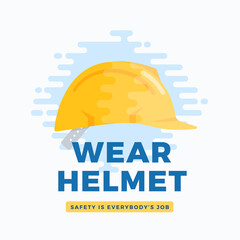 Wear safety helmet warning label. Flat style construction hardhat icon advertising illustration. Protective headgear uniform caution sticker card Isolated