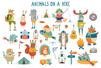 vector set of forest friendly cartoon animals on a hike - obrazy, fototapety, plakaty