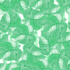 Scribble monstera leaves tropical seamless pattern. Embroidery palm leaf endless wallpaper.