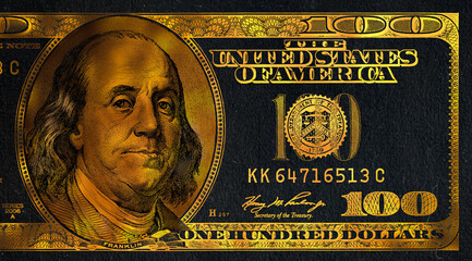 golden textured 100 US dollar banknote with black background - obrazy, fototapety, plakaty