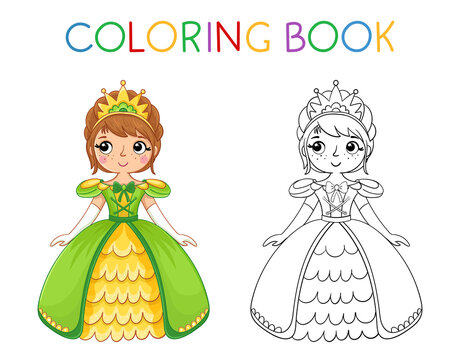 Coloring book for children. Cute little girl and princess in a green beautiful dress. Vector illustration in a cartoon style
