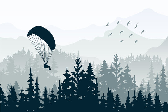 Horizontal banner. Magical misty landscape with paraglider and birds. Silhouettes of trees and mountains. Gray illustration. 