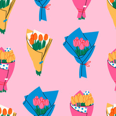 Bouquets of Tulips. Bouquet of spring fresh flowers wrapped in gift paper. Beautiful lush tulips. Holiday floral decor. Hand drawn Vector seamless Pattern. Background, wallpaper. Square illustration
