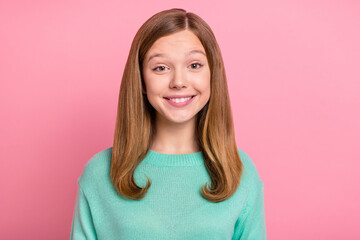 Fototapeta premium Photo of young lovely girl smart confident wear casual clothes good mood isolated over pink color background