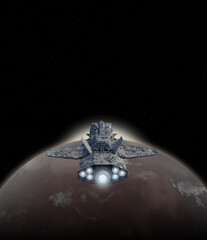 Spaceship and Star Rise over a Desert Planet, 3d digitally rendered science fiction illustration