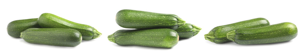 Set of fresh ripe zucchinis on white background. Banner design