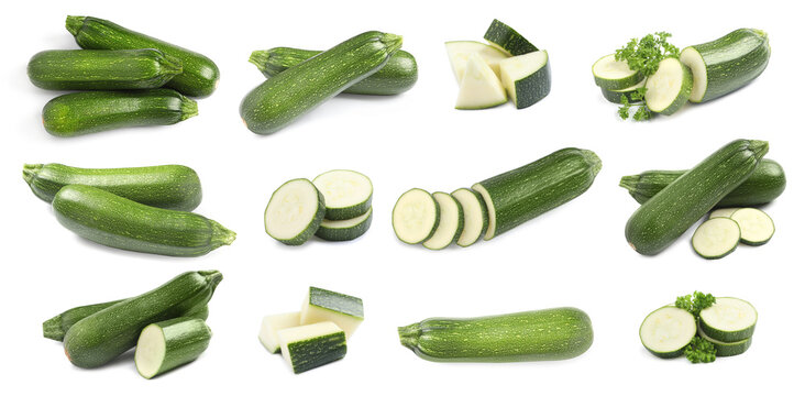 Set of fresh ripe zucchinis on white background. Banner design