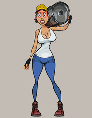 cartoon woman with a metal barrel on her shoulder