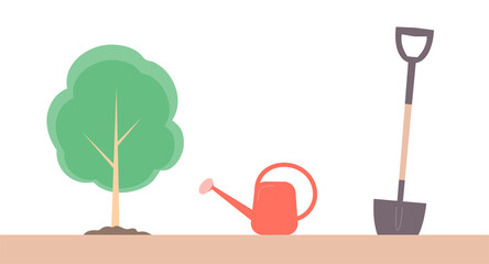Garden tools for planting a tree. Shovel, watering can and seedling. Spring and care for nature. Vector flat illustration. White background
