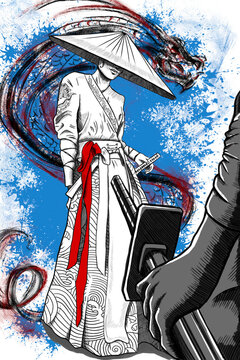 A samurai girl in a Japanese hat holds her left hand on a katana, ready for a fight. She wears a kimono with a crane on her shoulder and a red ribbon at her waist