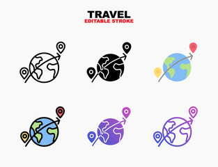 Travel with globe and pin icon set with different styles. Editable stroke and pixel perfect. Can be used for digital product, presentation, print design and more.