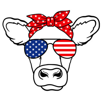 Cow head with aviator glasses ang bandana, USA Flag print. 4th of july. Farm Animal. Vector illustration isolated on white background.