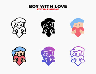 Boy brings love heart icon set with different styles. Editable stroke and pixel perfect. Can be used for digital product, presentation, print design and more.
