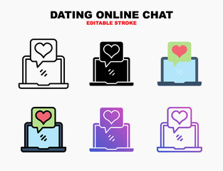 Laptop with chat love heart icon set with different styles. Editable stroke and pixel perfect. Can be used for digital product, presentation, print design and more.