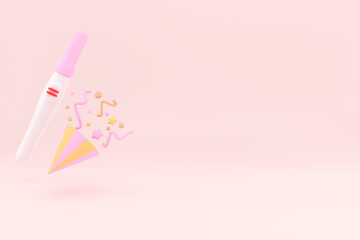 Positive Plastic Pregnancy Test on a pink background with copy space. 3d Rendering.