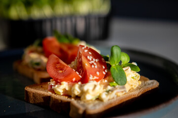 stuffed toast bread with microgreens and tomato on a plate, selectiv focus, defocus