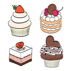 set of four cream pies decorated with cherries and strawberries birthday celebration, cherry in the form of a heart, valentine's day card, isolate on a white background,