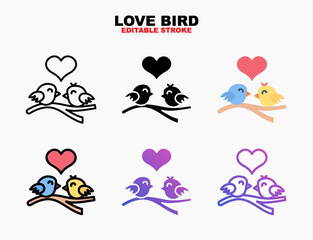 Bird couple with love heart icon set with different styles. Editable stroke and pixel perfect. Can be used for digital product, presentation, print design and more.