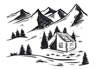 Camping in nature, Mountain landscape, sketch style, vector illustrations.