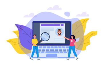 Online CV, Hiring, select resume process concept. Company hr managers hiring a employee online.  Vector illustration