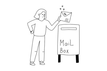 A woman puts a letter in the mailbox. Linear illustration. Vector illustration