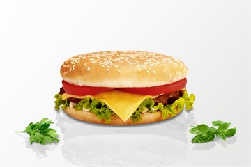 Fresh tasty vegan burger with plant based meat free cutlet