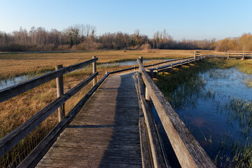 Wooden footpath on wet meadow in the Episy Sensitive Natural Space. French Gatinais Regional Nature Park