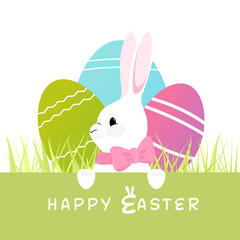 Easter bunny with colorful eggs and green grass. Vector graphics for the holiday