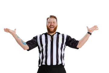 Portrait of happy, excited soccer or football referee wearing field judge uniform isolated on white...
