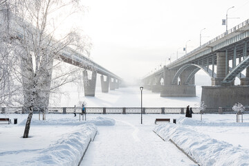 Embankment of the Ob river in winter in Novosibirsk