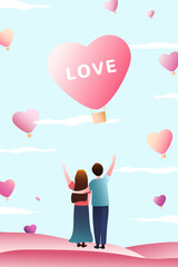 Valentines day illustration. Lovers waving to pink heart shaped hot air balloons in the sky.