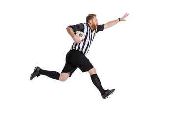 Fototapeta na wymiar Dynamic portrait of soccer or football referee running with football ball isolated on white studio background. Concept of sport, rules, competitions, rights, ad, sales.