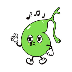 Cute funny gallbladder walking singing character. Vector hand drawn traditional cartoon vintage, retro, kawaii, doodle illustration icon. Isolated on white background. Gallbladder walk character