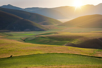 Valley with green agricultural fields in summer