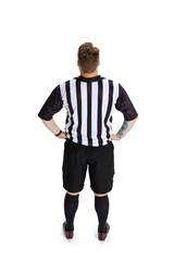 Back view. Full-length portrait of soccer or football referee wearing field judge uniform isolated on white studio background. Concept of sport, rules, competitions, rights, ad, sales.