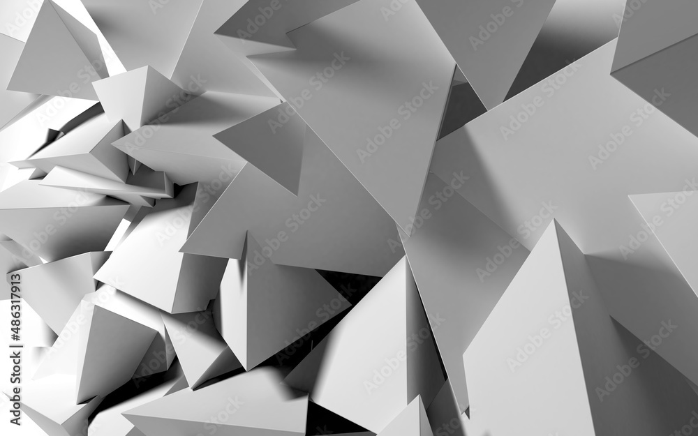 Poster Abstract background with white 3D shapes flying in the light as a messy array or chaotic structure for any pastel backdrop. 3D illustration