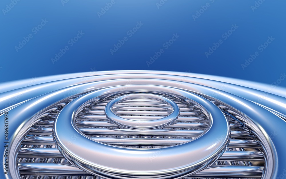 Poster abstract background with chrome circles over metallic pipes. 3d illustration