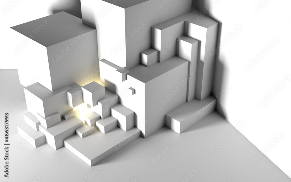 Poster abstract architectural background with cube construction or stage and light beam inside. 3d illustra
