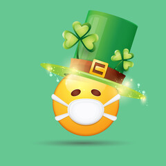 Vector Emoji sticker with mouth medical protection mask and saint Patricks green hat isolated on green background. Yellow st. Patricks smile face character with hat and white surgeon mask.