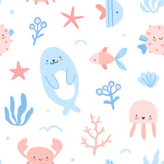 Schattig zeeleven onderwater patroon. Naadloze doodle vector babyprint voor textiel, stof, kinderkamer.