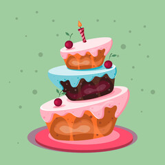 Cartoon birthday cake. Funny flat style. cake with chocolate, candles, sweet cream and icing, Vector illustrations isolated on white.Birthday card.