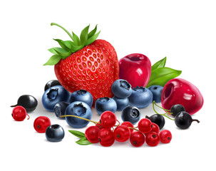 Mix of different berries, fresh assorted strawberries, currants, blueberries, bog whortleberry, sweet cherri
