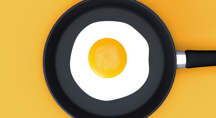 3d rendering, Realistic mock up of fried egg on kitchen pan, top view close up shot, blank empty space for copy, orange color background.