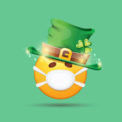 Vector Emoji sticker with mouth medical protection mask and saint Patricks green hat isolated on green background. Yellow st. Patricks smile face character with hat and white surgeon mask.