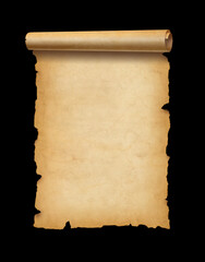 Old mediaeval paper sheet. Parchment scroll isolated on black