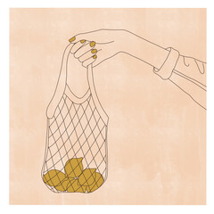 Abstract modern poster. Beautiful woman's hand holding a bag of lemons. Modern lineart illustration