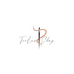 Tailor icon logo with needle and thread in lettering style vector design template. Identity for fashion, clothing business, or handmade craft.