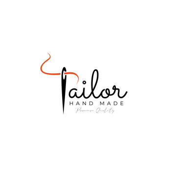 Tailor icon logo with needle and thread in lettering style vector design template. Identity for fashion, clothing business, or handmade craft.