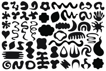 Flat vector shapes, geometric black and white design elements. Memphis abstract forms, black figures in boho stile, liquids, fluids, waves and zigzags isolated on white background.
